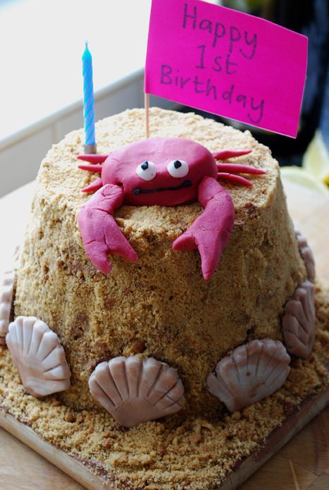 Seaside beach theme crab sandcastle birthday cake