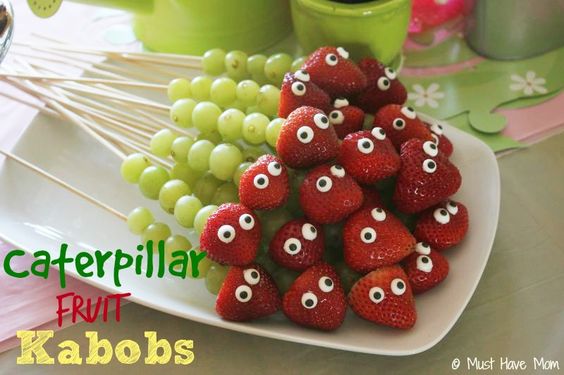 Very Hungry Caterpillar first birthday fruit kebabs party food