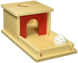 Object permanence box with tray and ball